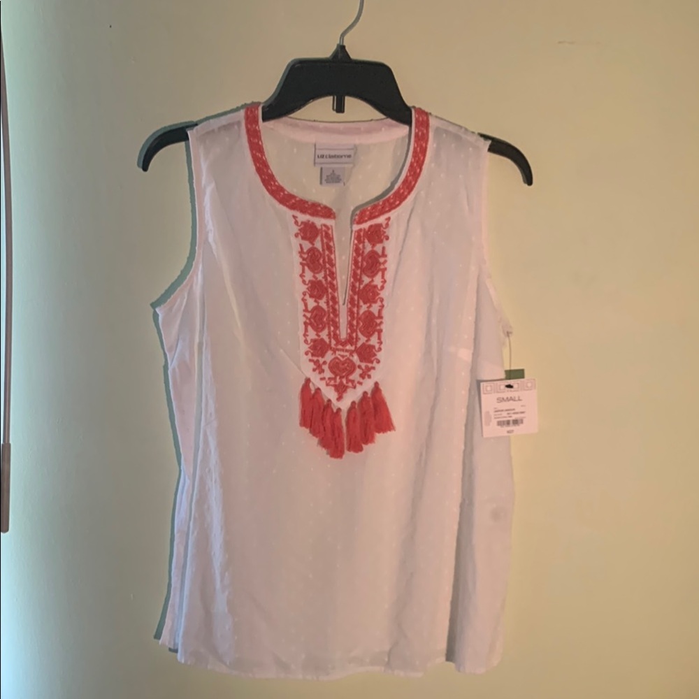 White and Red Embroidered Sleeveless Top